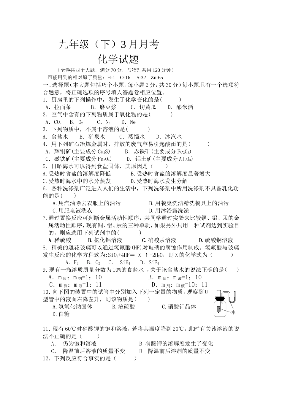 九年级（下）3月月考化学试题_第1页