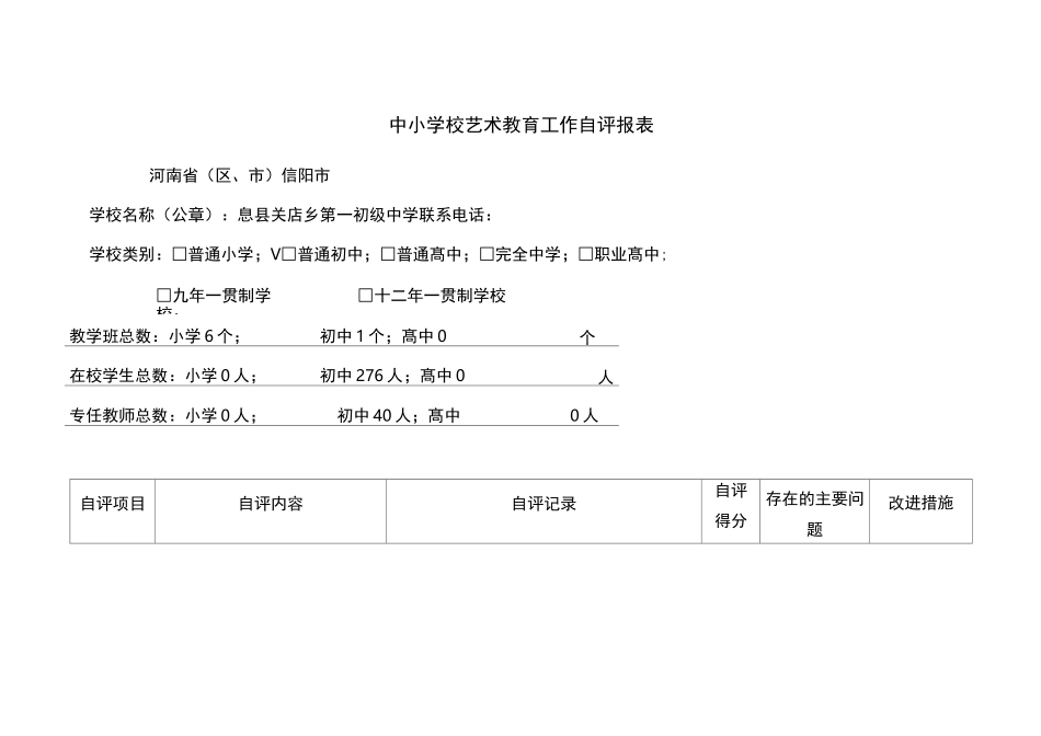 学校艺术工作自评表_第1页