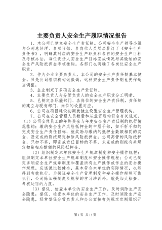 主要负责人安全生产履职情况报告