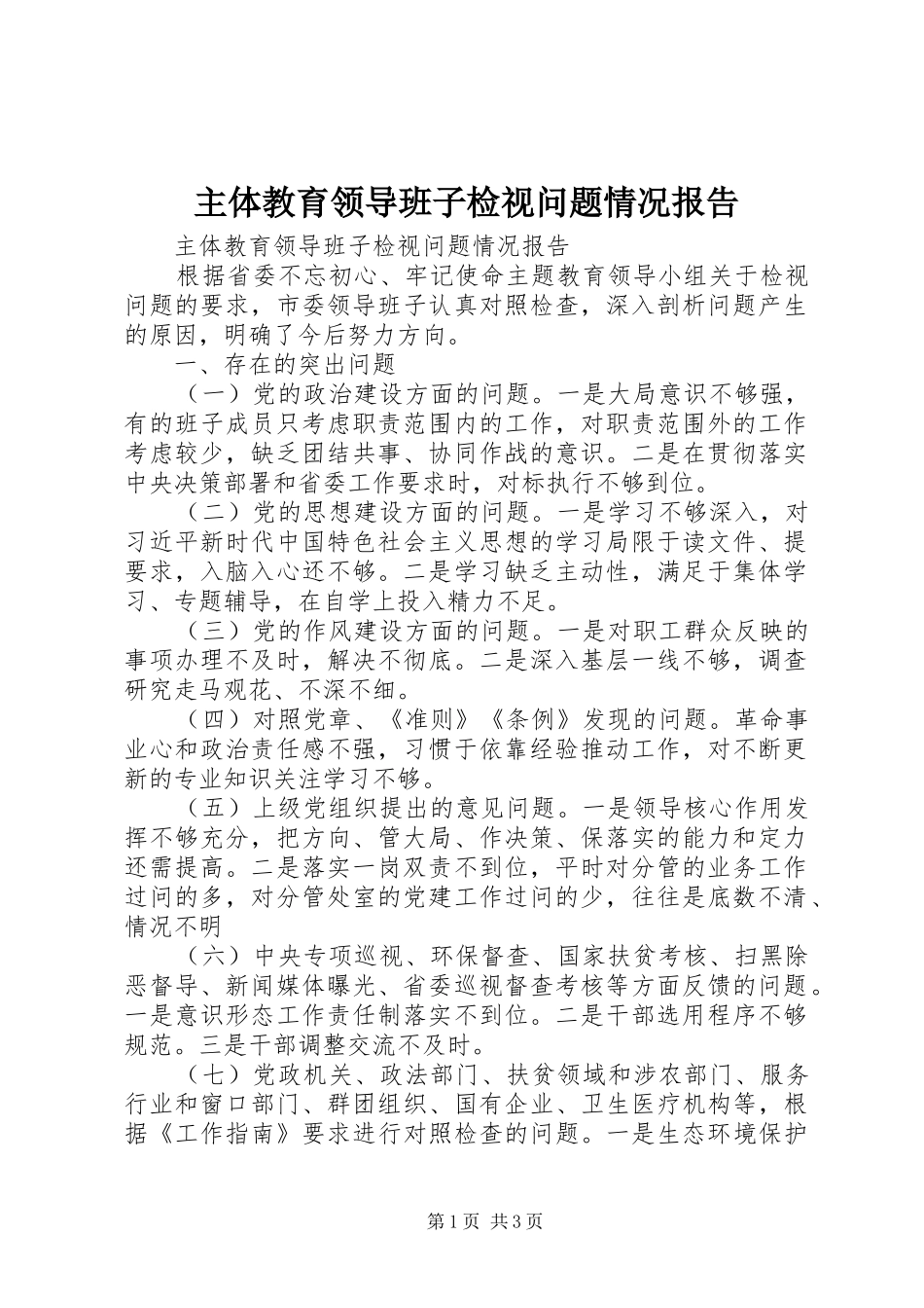 主体教育领导班子检视问题情况报告_第1页