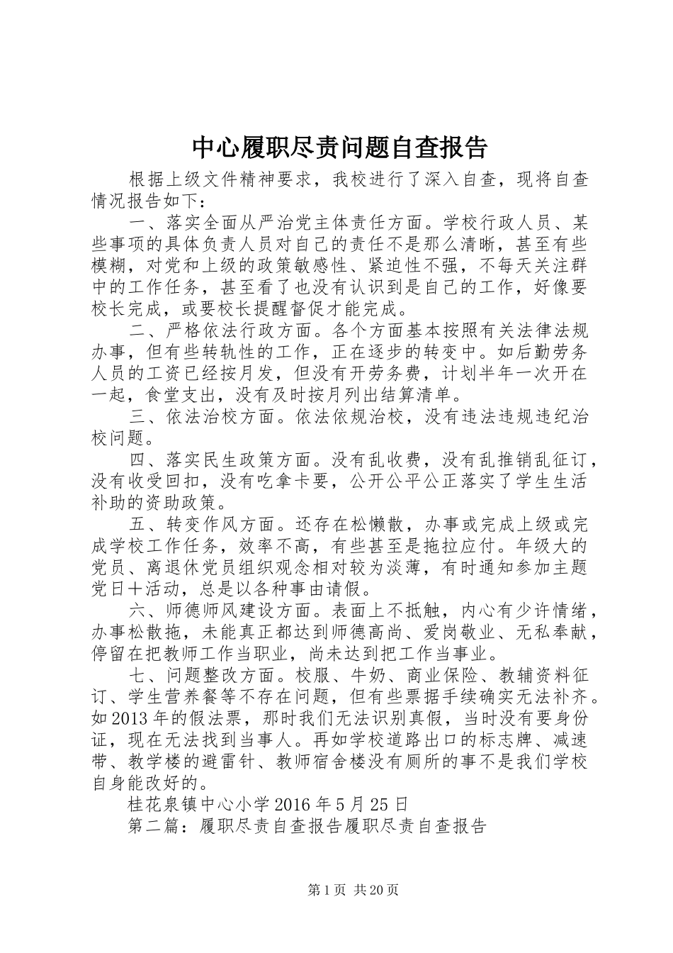 中心履职尽责问题自查报告_第1页