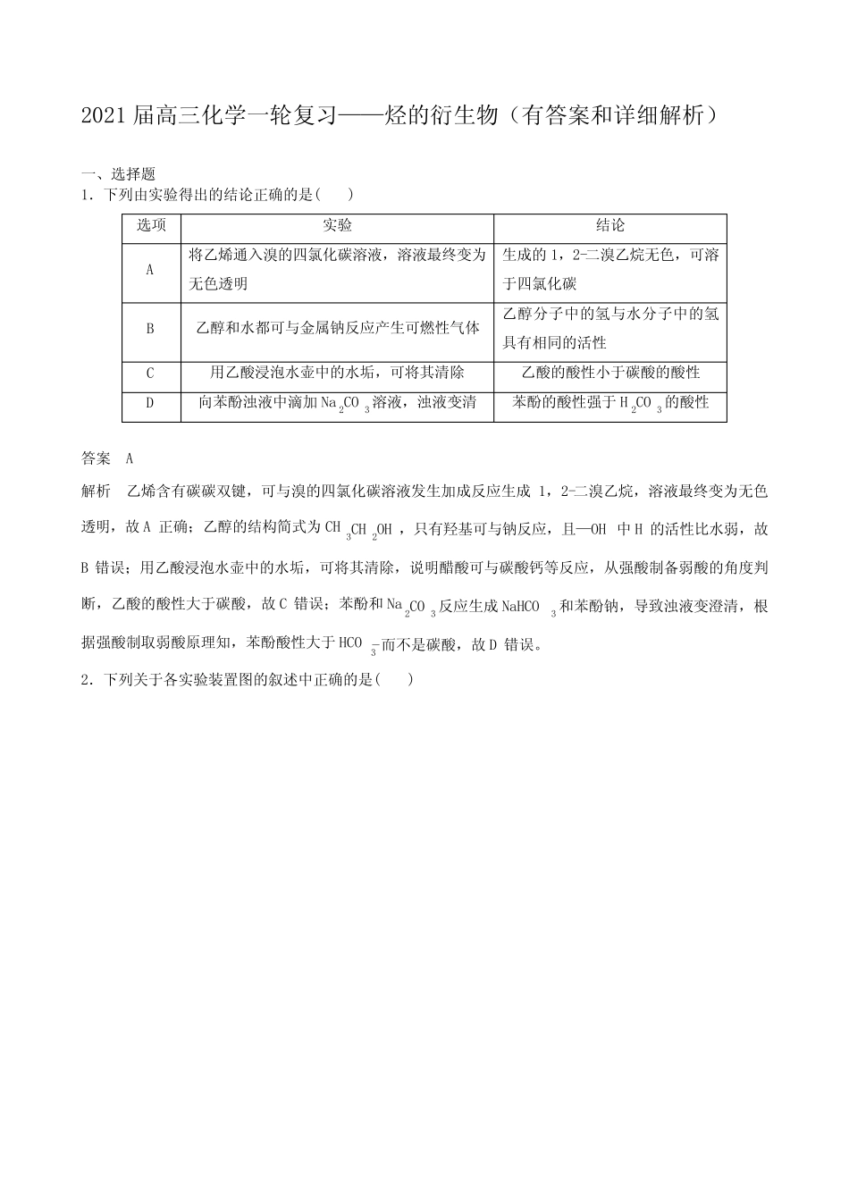 2021届高三化学一轮复习——烃的衍生物(有答案和详细解析)_第1页