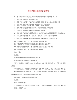 专科护理小组工作计划范文 