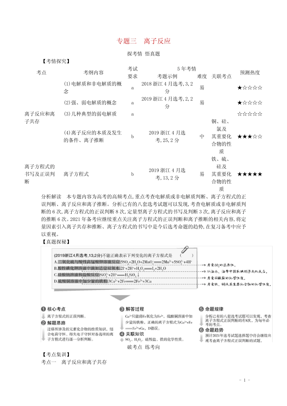 (浙江版)2021高考化学一轮复习专题三离子反应精练(含解析)_第1页