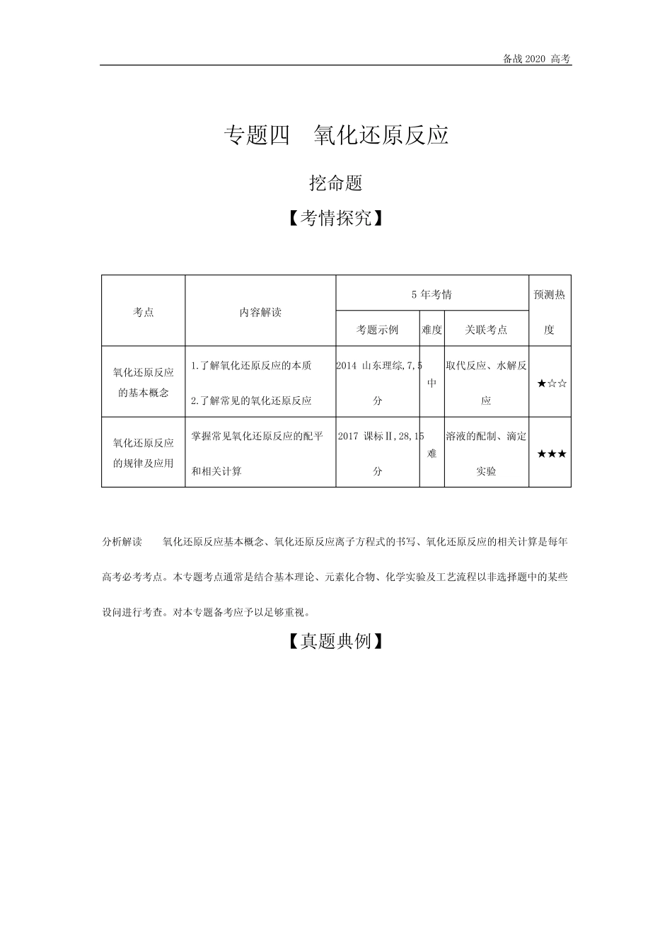 2020年高考山东版高考化学 专题四 氧化还原反应_第1页