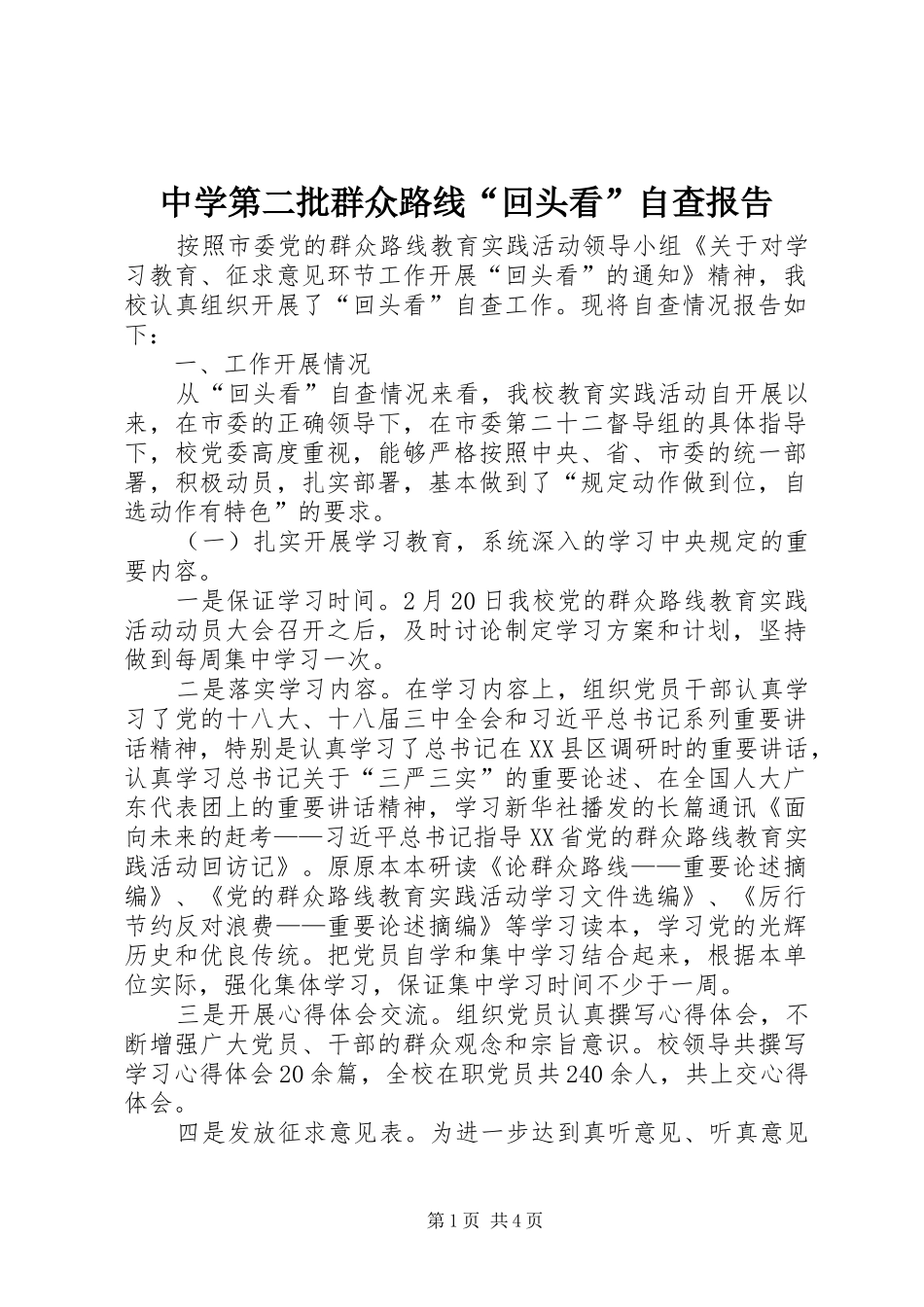 中学第二批群众路线“回头看”自查报告_第1页