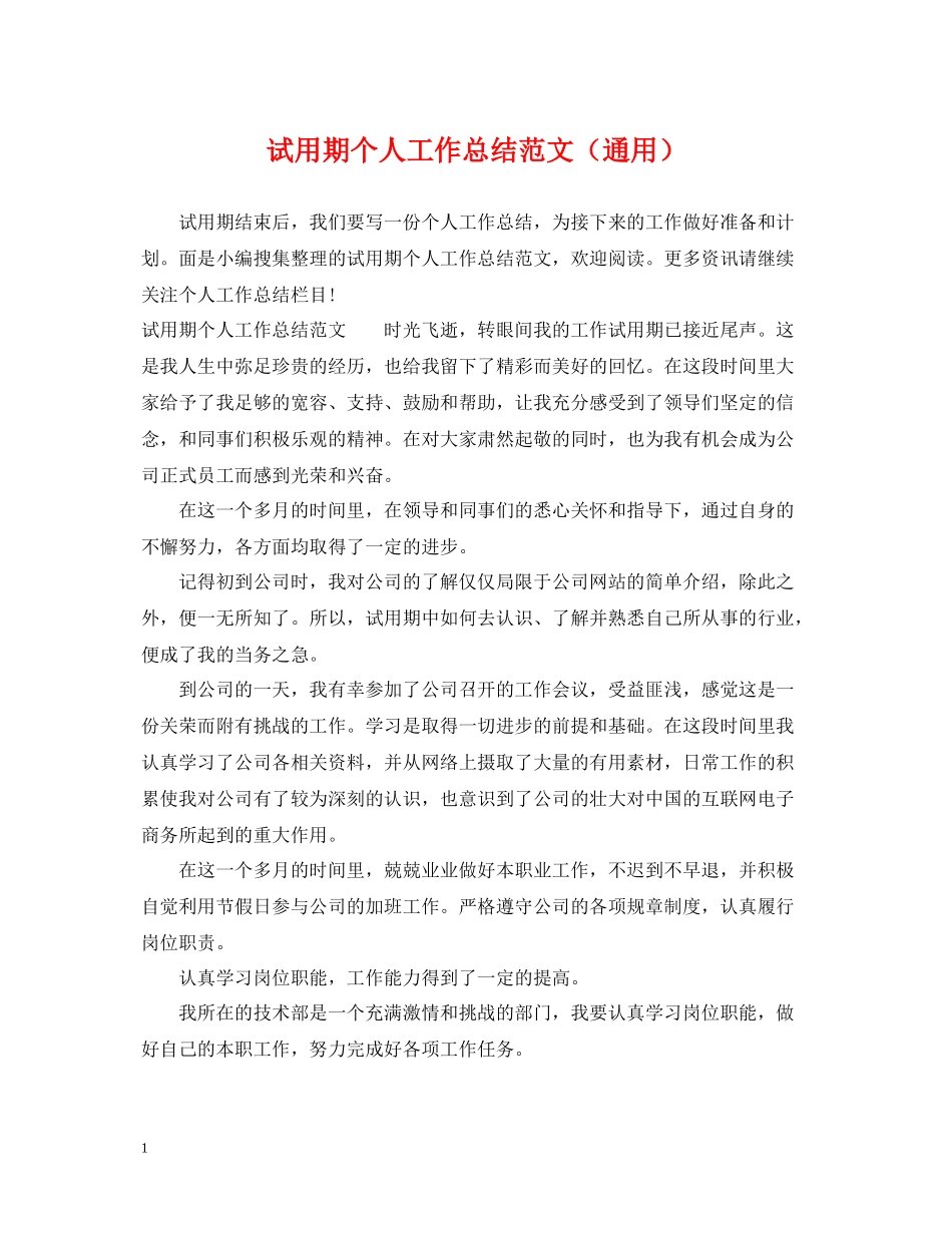 试用期个人工作总结范文（通用）_第1页