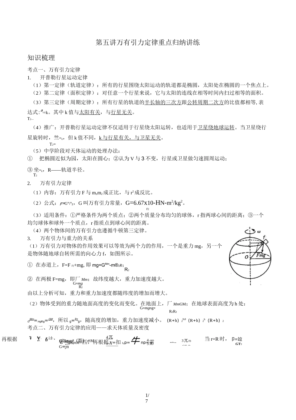 万有引力与航天重点知识归纳及经典例题测验_第1页