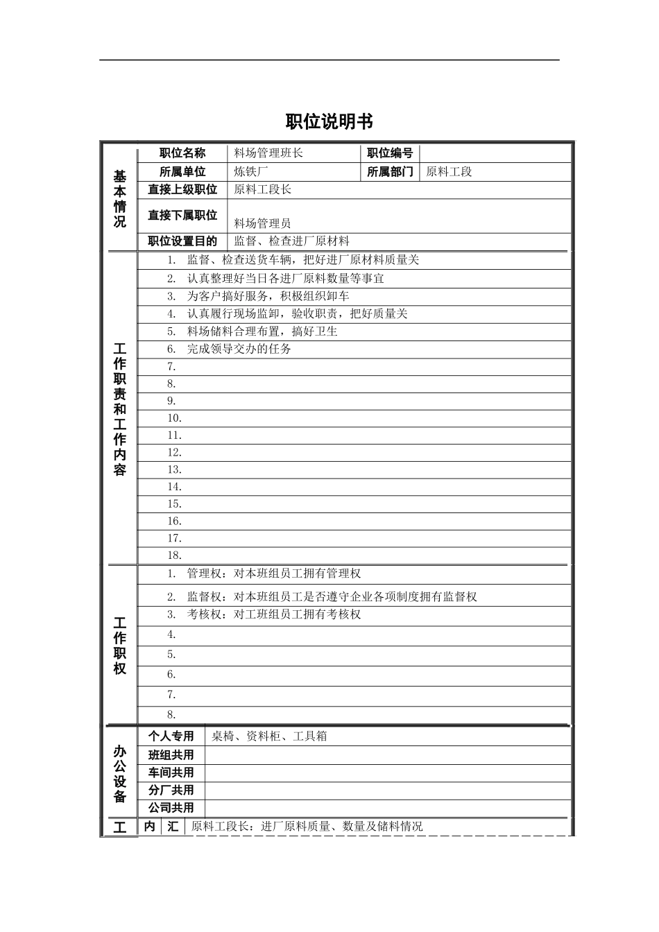 原料工段料场管理班长岗位说明书_第1页