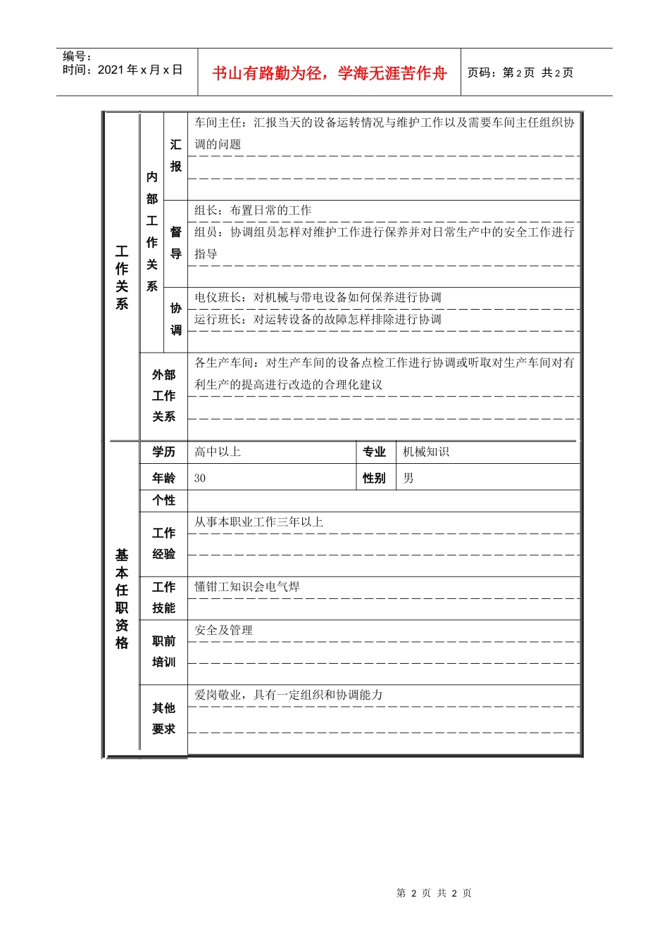 烧结厂机械班长 岗位说明书_第2页