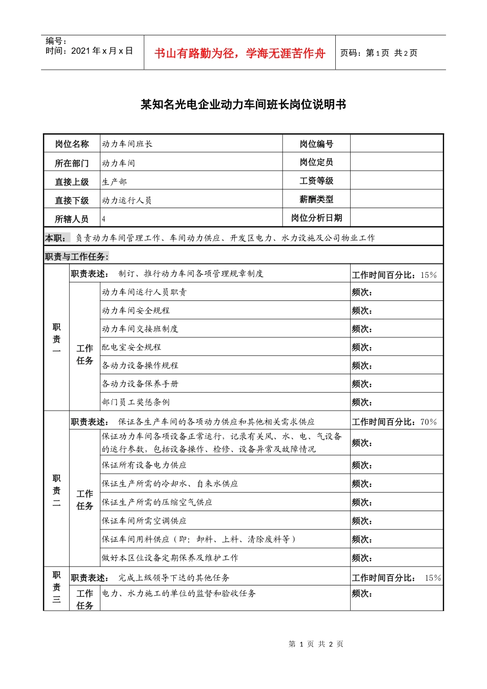 某知名光电企业动力车间班长岗位说明书_第1页