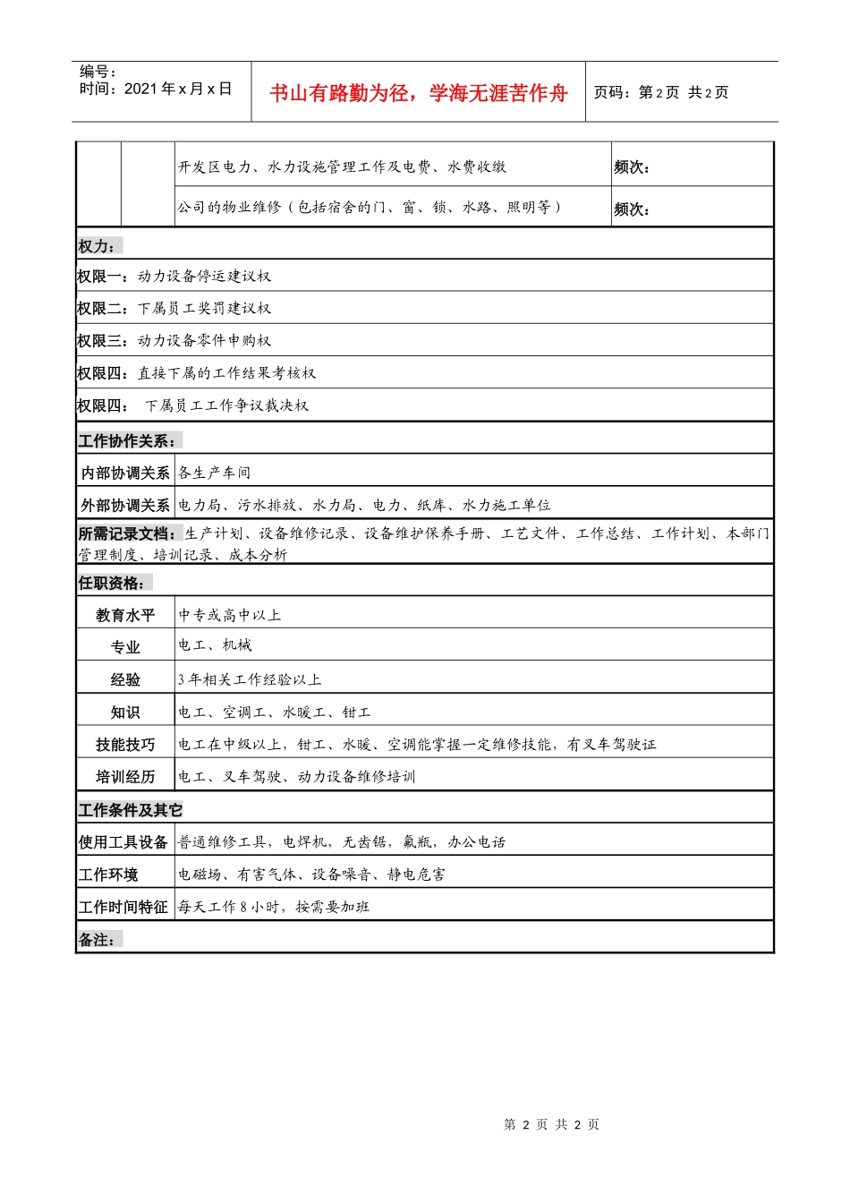 某知名光电企业动力车间班长岗位说明书_第2页