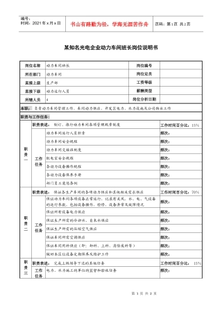 某知名光电企业动力车间班长岗位说明书