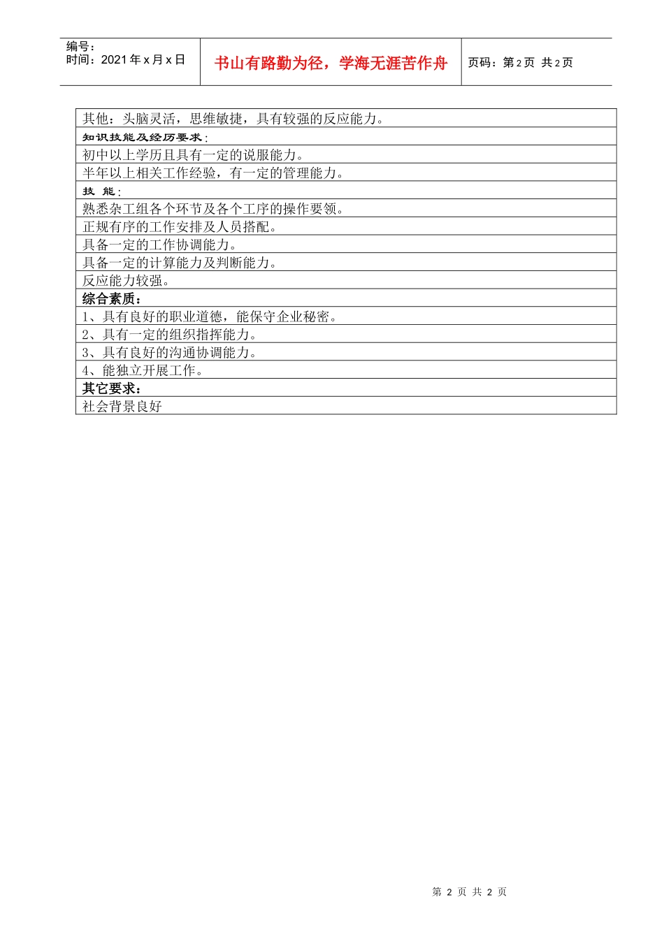 制作车间杂工组长职位说明书_第2页