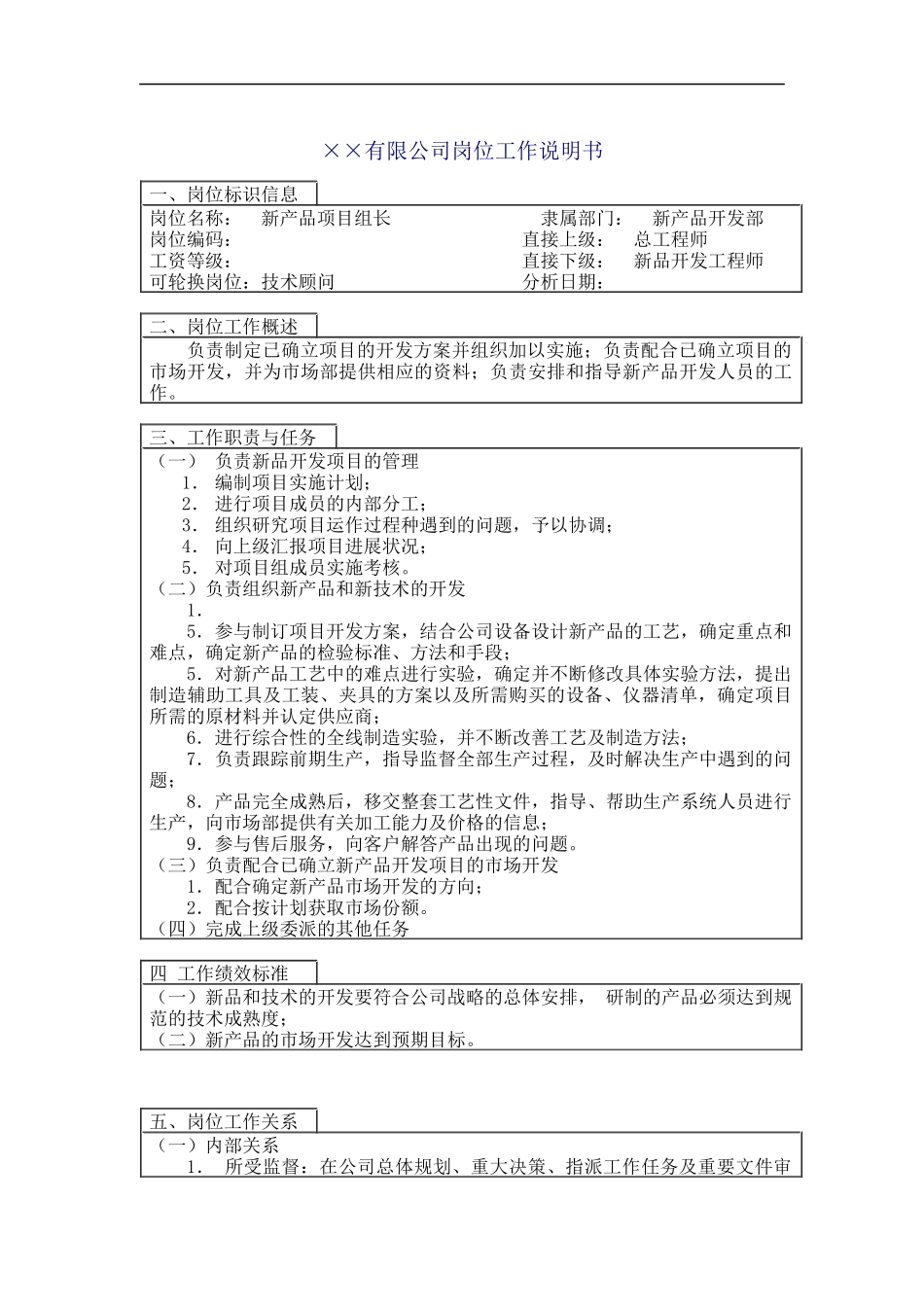 医药行业-新产品开发部-项目组长岗位说明书_第1页