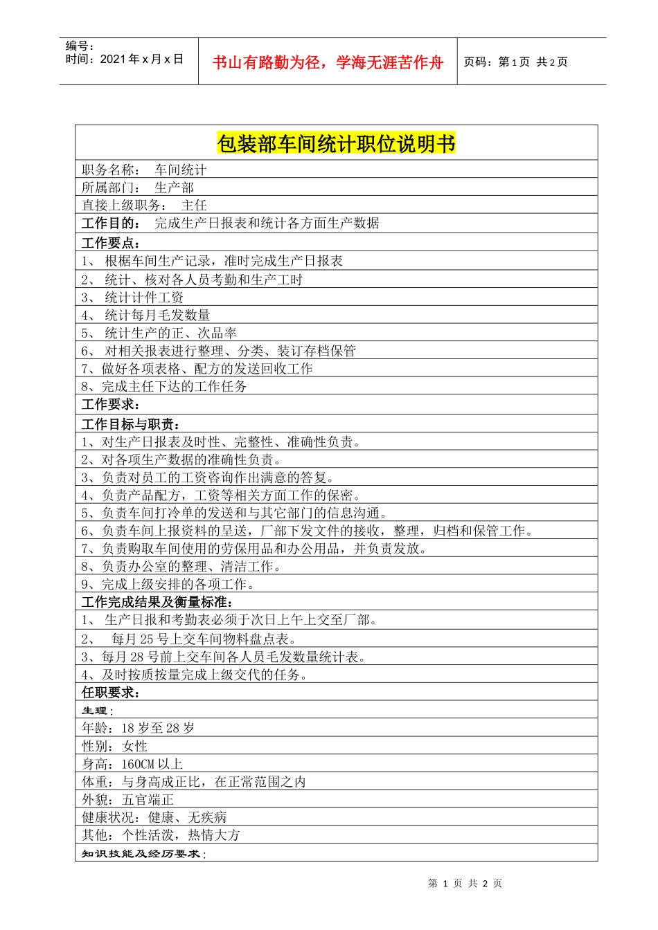 包装部车间统计职位说明书_第1页