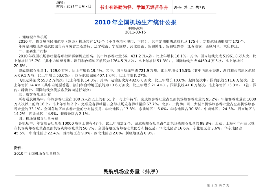 XXXX年全国机场生产统计排名_第1页