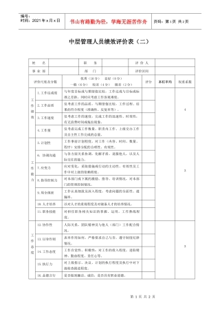 生产制造型企业中层管理人员绩效评价表（二）