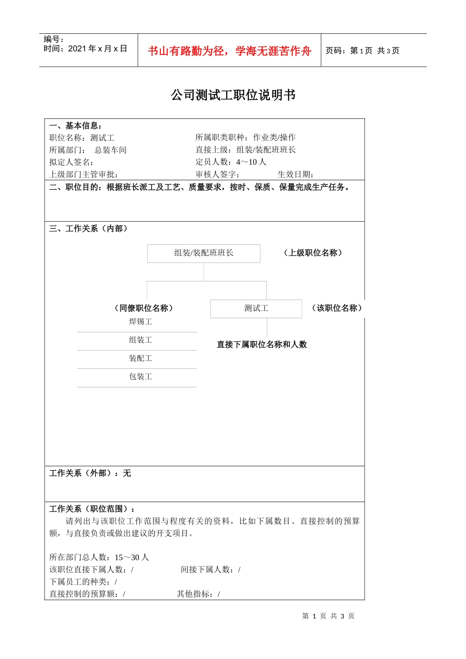 某大型汽车零部件公司总部车间测试工职位说明书_第1页