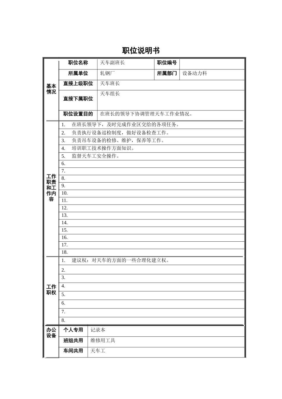 轧钢厂设备动力科天车副班长职责说明书_第1页