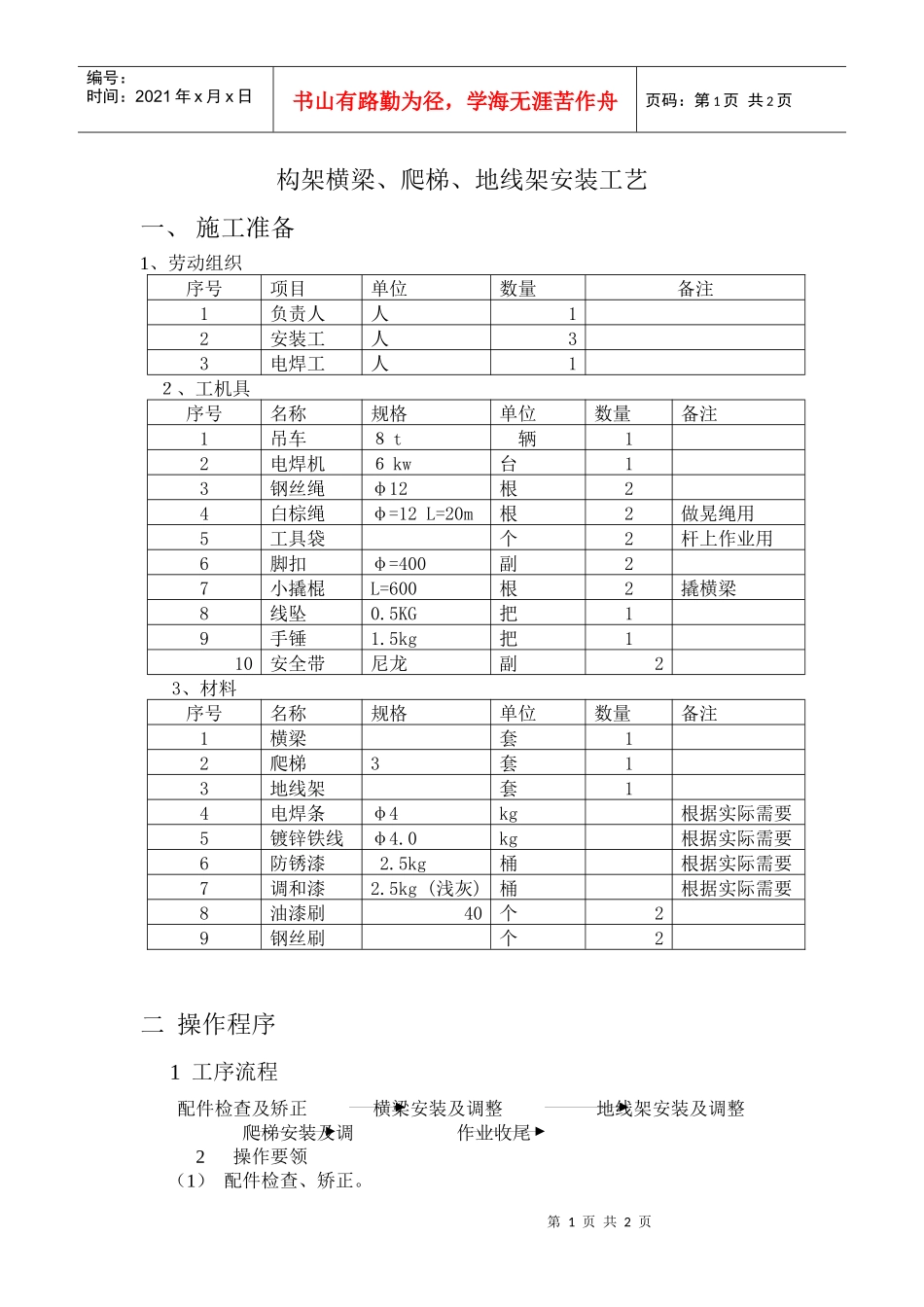 构架横梁、爬梯、地线架安装工艺_第1页