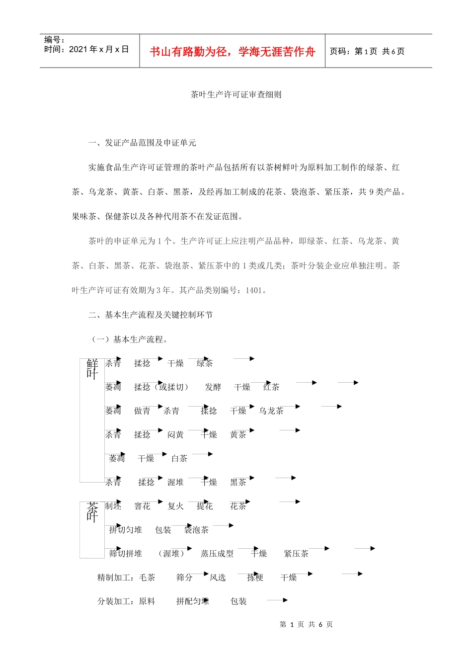 茶叶生产许可证审查细则DOC6(1)_第1页