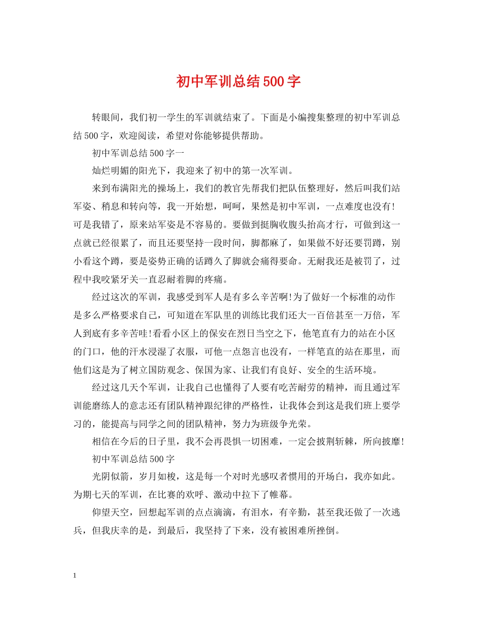 初中军训总结500字_第1页
