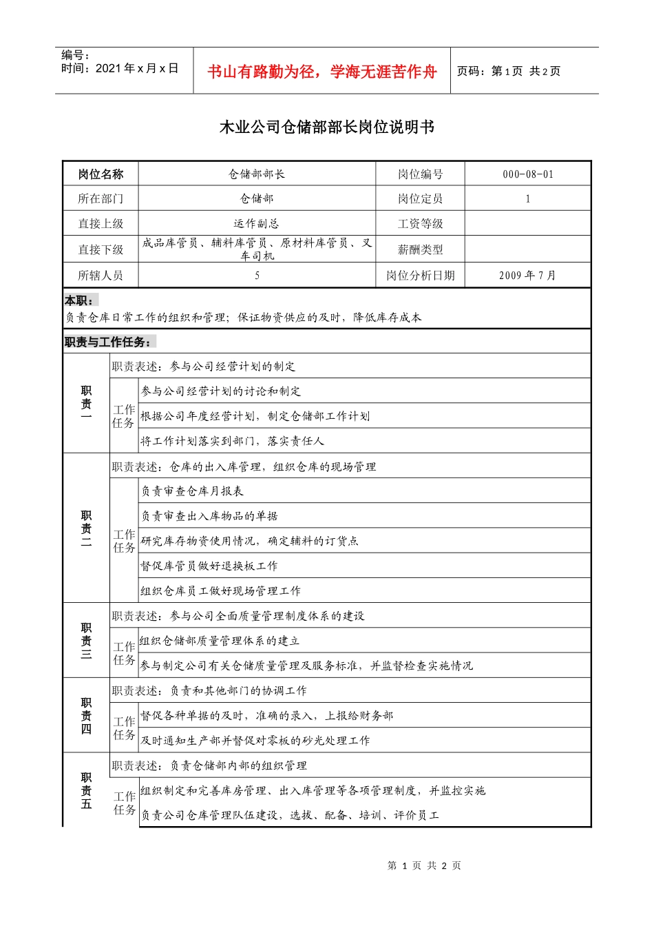 木业公司仓储部部长岗位说明书_第1页