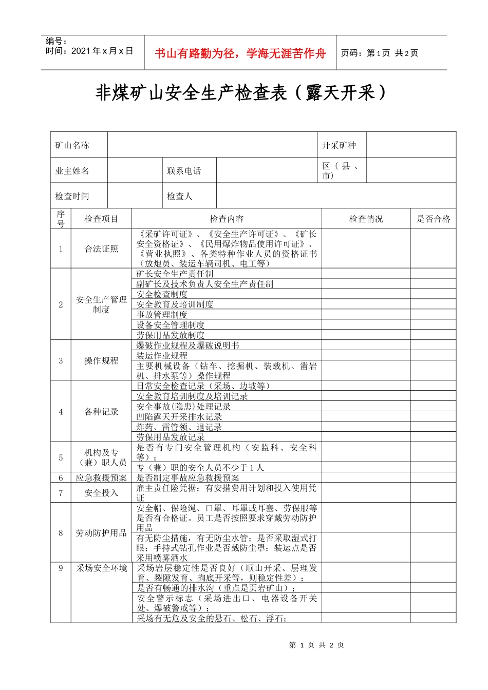 1非煤矿山安全生产检查表（露天开采）doc-重庆市非煤_第1页