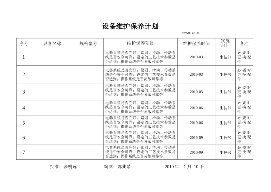 设备维护保养计划和记录_第1页