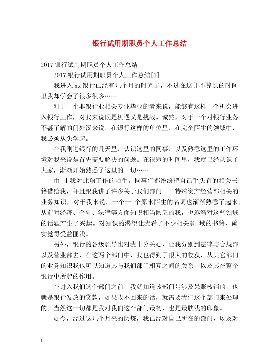 银行试用期职员个人工作总结 _第1页