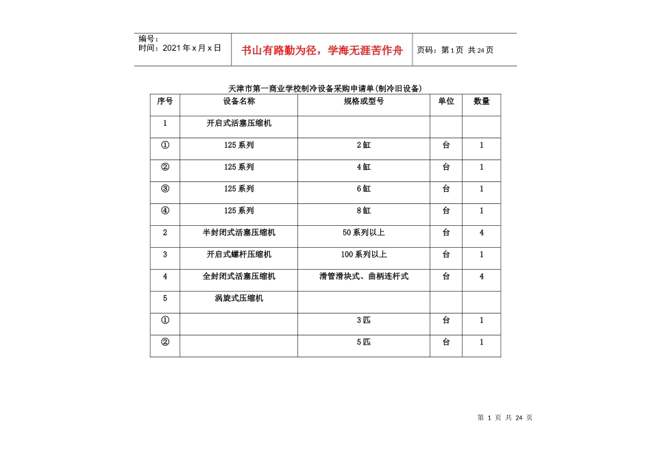 天津市第一商业学校制冷设备采购申请单(制冷旧设备)_第1页