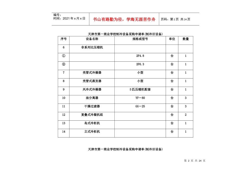 天津市第一商业学校制冷设备采购申请单(制冷旧设备)_第2页