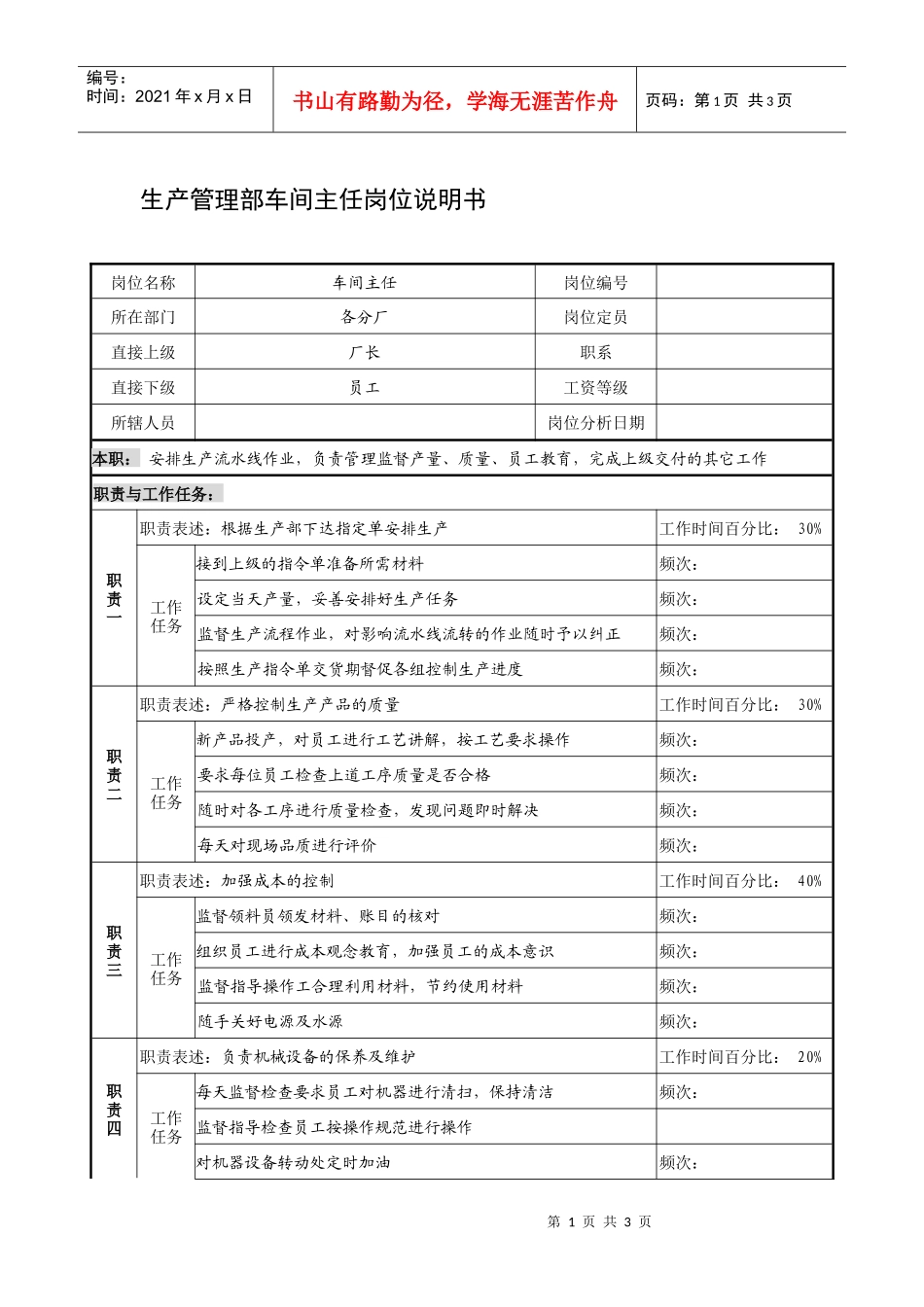 制鞋企业生产管理部车间主任岗位说明书._第1页