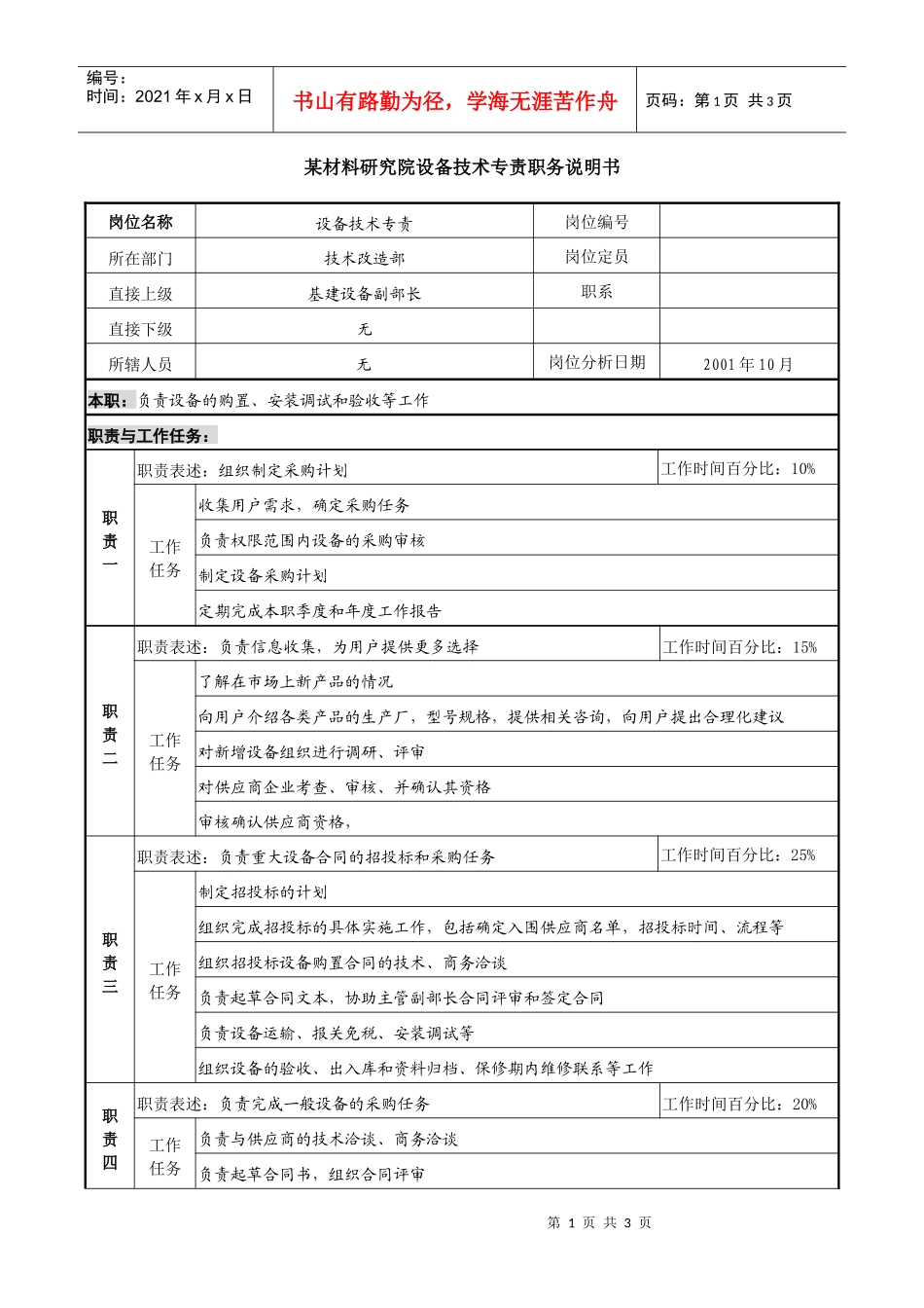 设备技术专责职务说明书_第1页