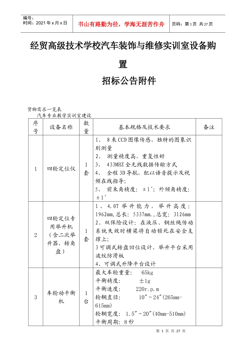 经贸高级技术学校汽车装饰与维修实训室设备购置_第1页