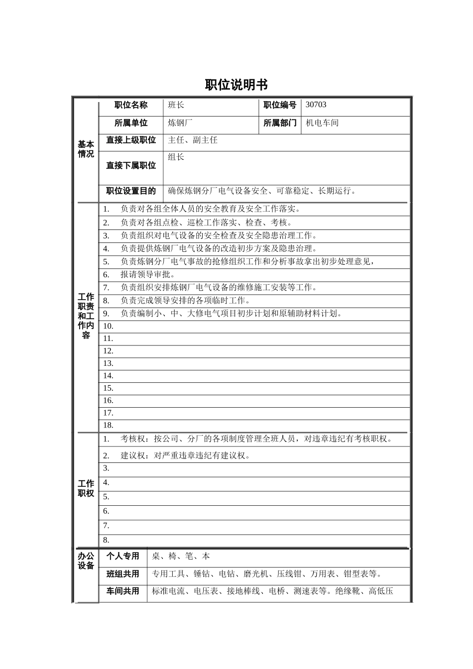 炼钢厂机电车间电工大班长职位说明书_第1页