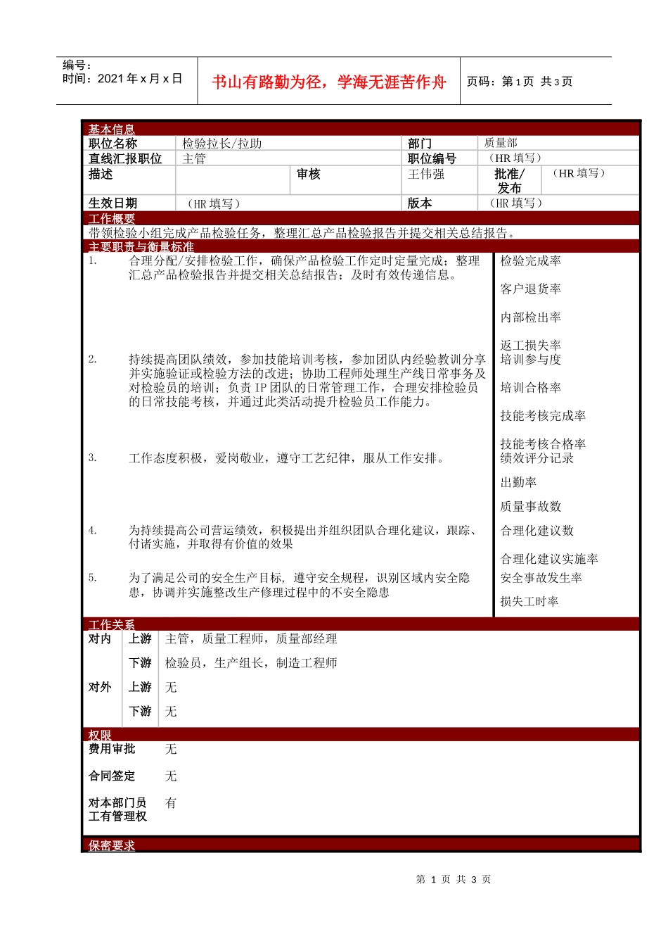 某大型电子公司质量部检验组长职位说明书_第1页