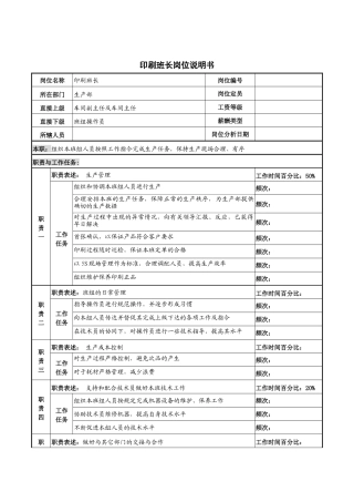 河北纪元光电公司生产部印刷班长岗位说明书