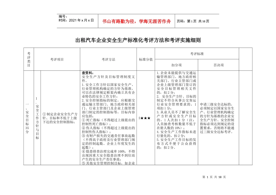 出租汽车企业安全生产标准化考评方法和考评实施细则_第1页