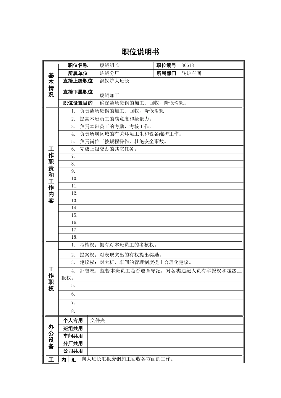 德龙钢铁-废钢组长职位说明书_第1页