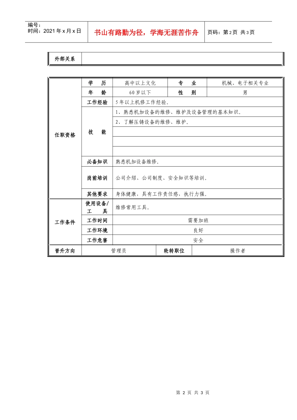 准备部机修组长职位说明书_第2页