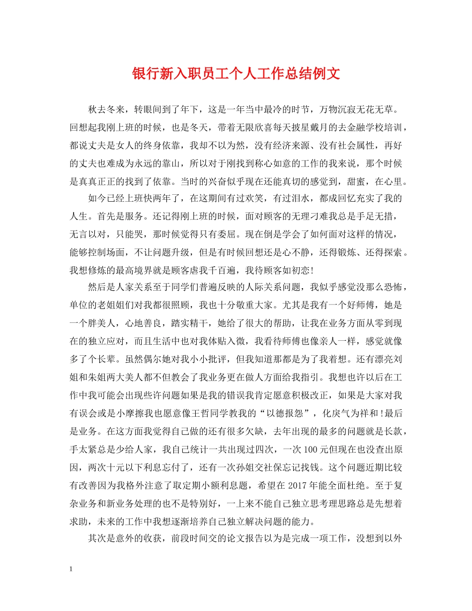 银行新入职员工个人工作总结例文 _第1页