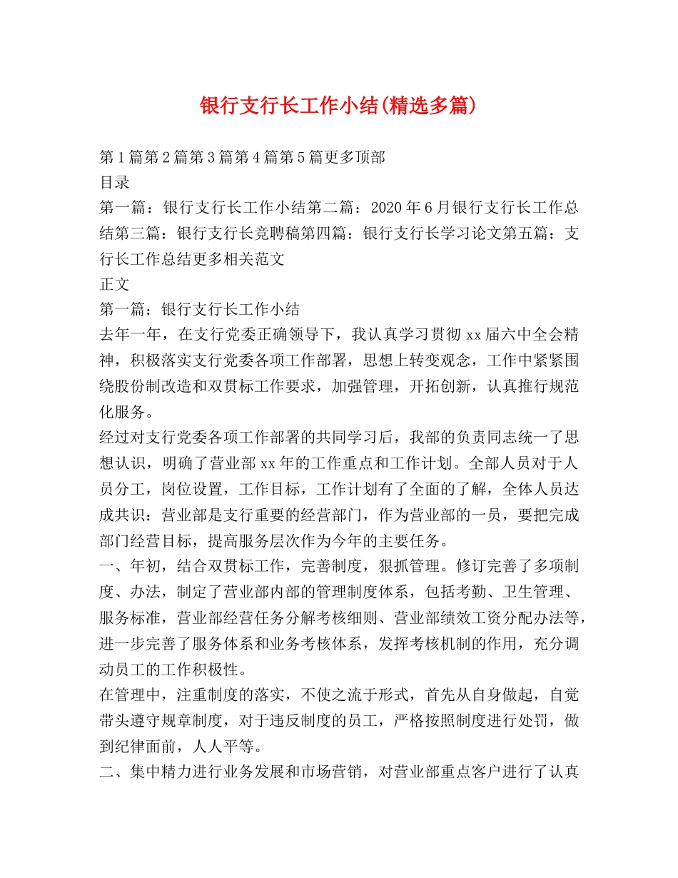 银行支行长工作小结(精选多篇) _第1页