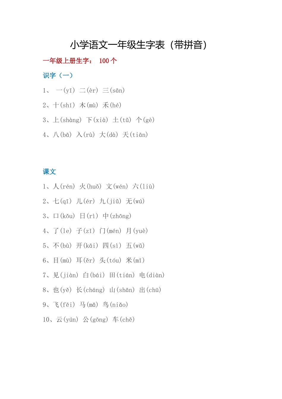 小学语文一年级生字表_第1页