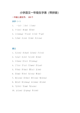 小学语文一年级生字表