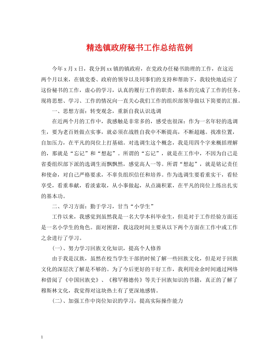 精选镇政府秘书工作总结范例_第1页