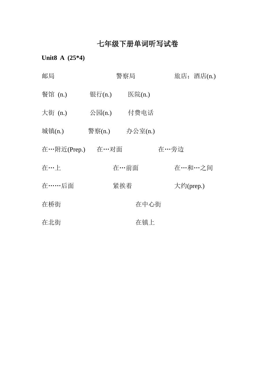 七年级下册Unit8单词听写试卷_第1页