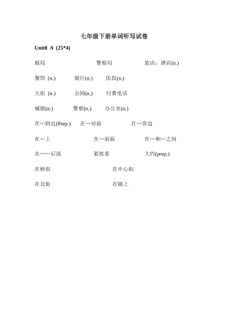 七年级下册Unit8单词听写试卷