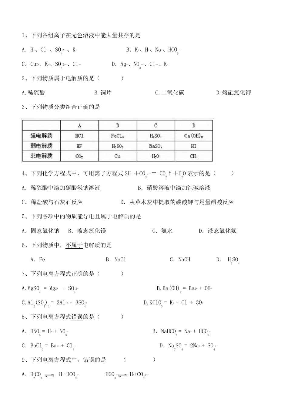 高一化学必修一离子反应基础简单题_第1页